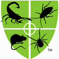 Green Pest Control Shield Logo w/Scorpion, Roach, Rodent and Spider silhouettes